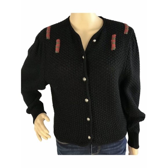 Vintage 1980’s Kitz Pichler Austria S Wool Cardigan Waffle Knit Black Red Green - Picture 2 of 8